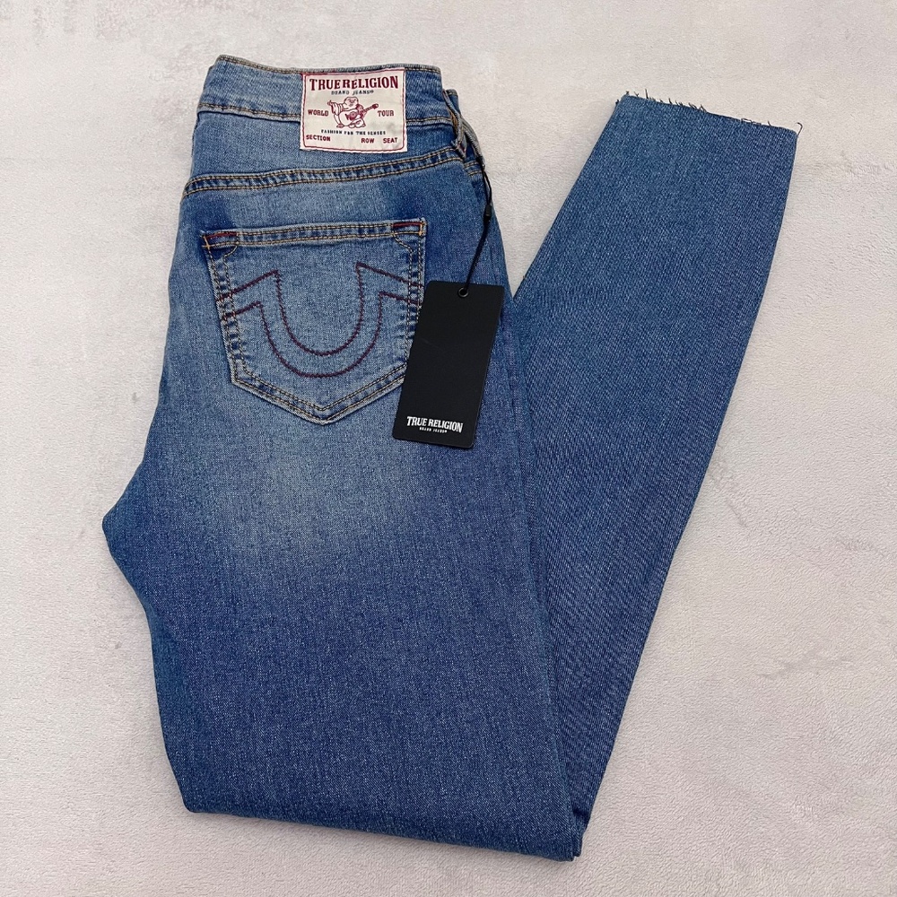 True Religion Women's Jeans Jennie Curvy Mid Rise Super Skinny Size 26 Raw Hem